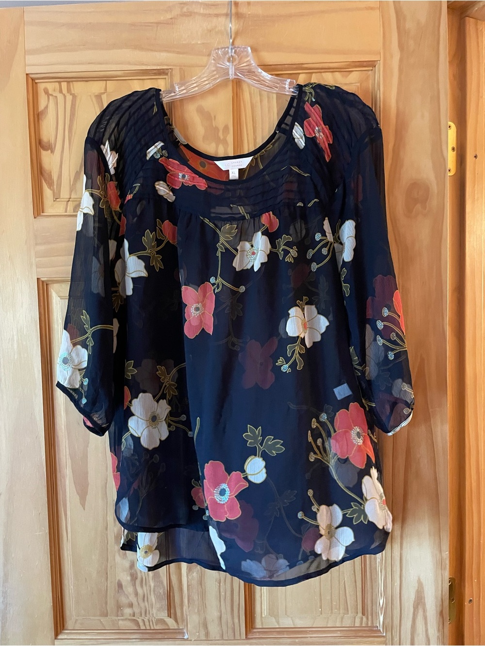 LC Lauren Conrad Navy Chiffon Blouse with Pink & White Floral Print